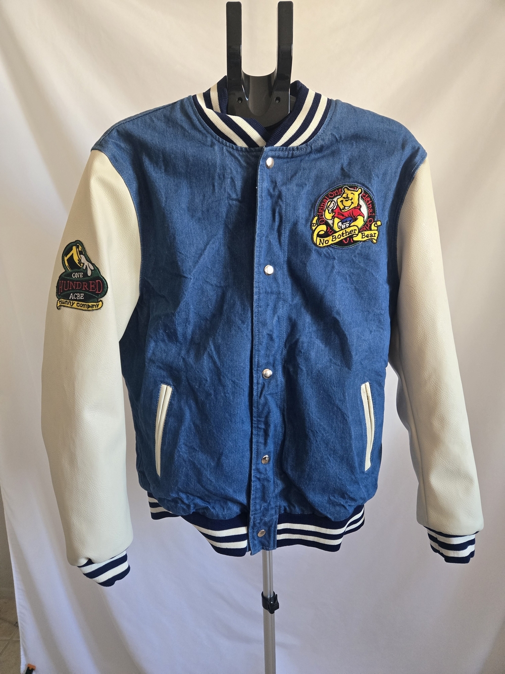 Winnie the Pooh Varsity Jacket – Blue & Cream Cartoon Patch, Size Small